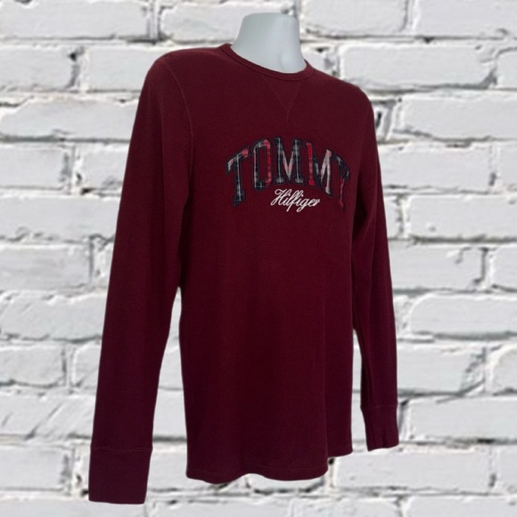 Tommy Hilfiger Waffle Knit Long Sleeve Shirt Men’s Medium Burgundy Plaid Logo - Picture 8 of 12